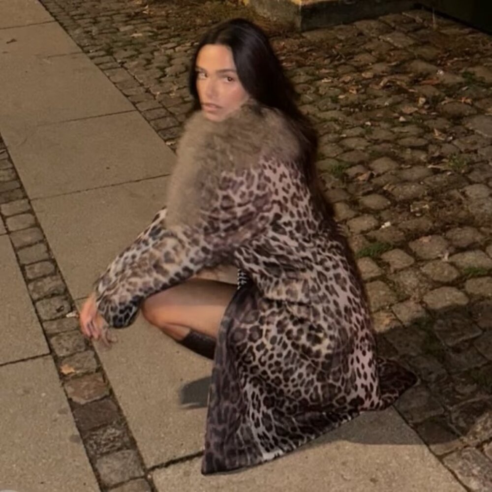 Charlotte Simone Naomi Leopard Print Coat with Mongolian Fur Trim